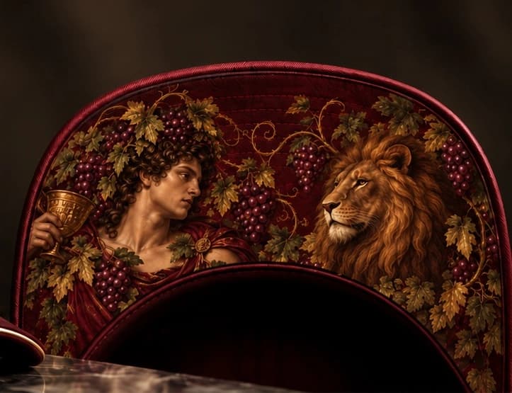 Sottovisiera con figura classica, uva, foglie e leone — render di sviluppo